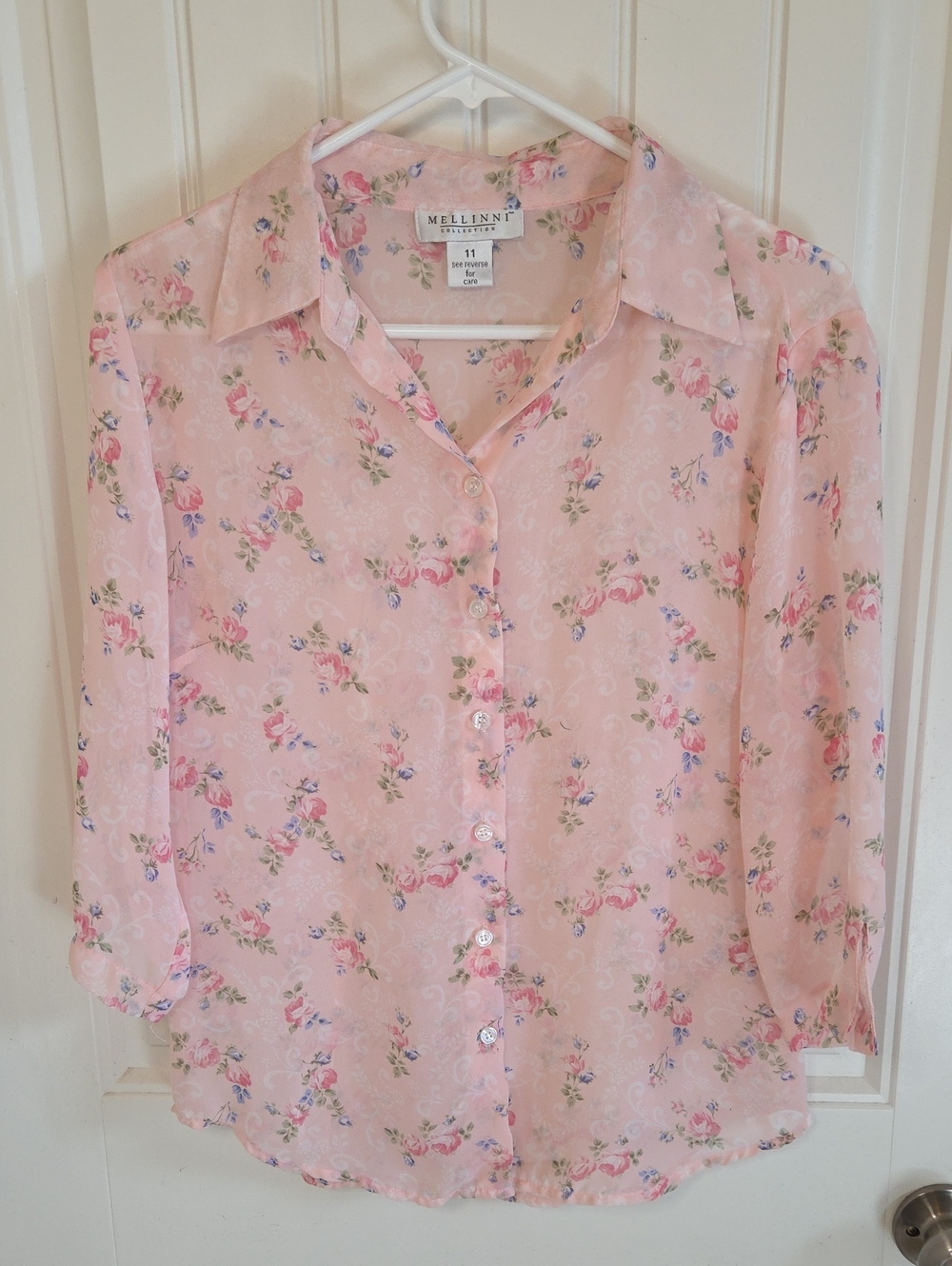 🌸 Pink Rose Rococo Floral Semi-sheer Button-Front Blouse